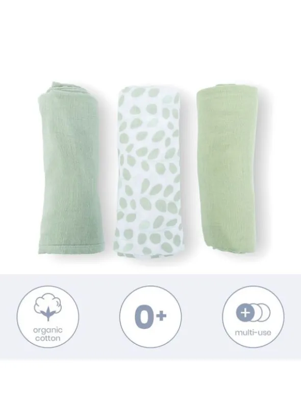 Luomupuuvillainen harso 3-Pack, leaves green | DOOMOO